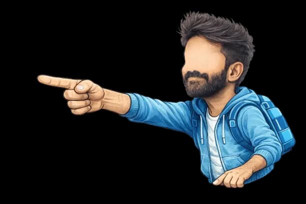 Katputli puppet character pointing at About Me section — Swayam full-stack developer